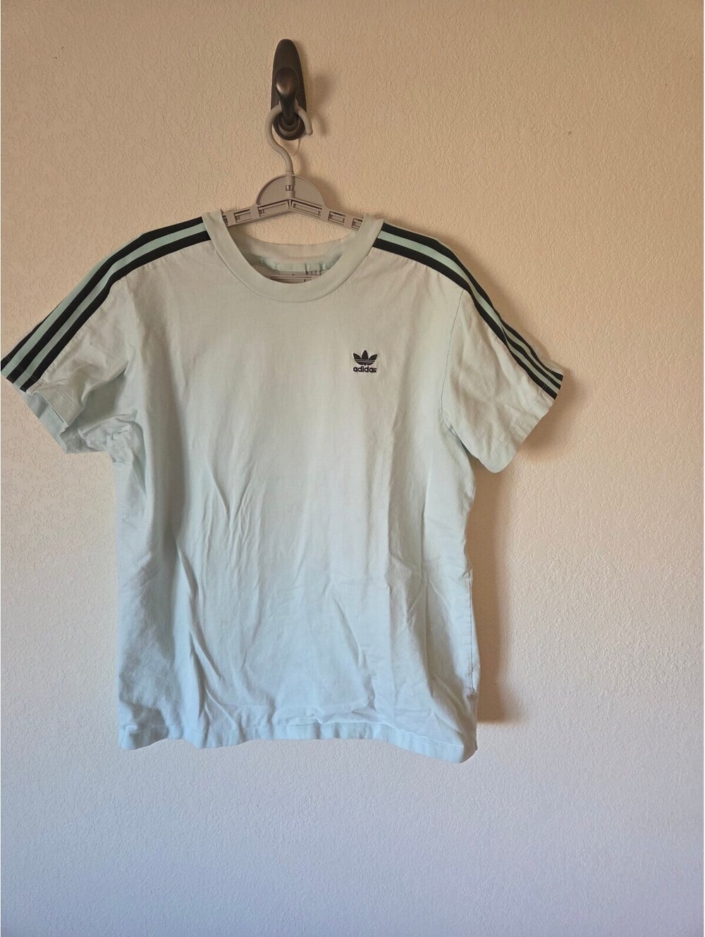 Adidas Men's Light Mint Green T-Shirt with Black Stripes and Logo - Size M